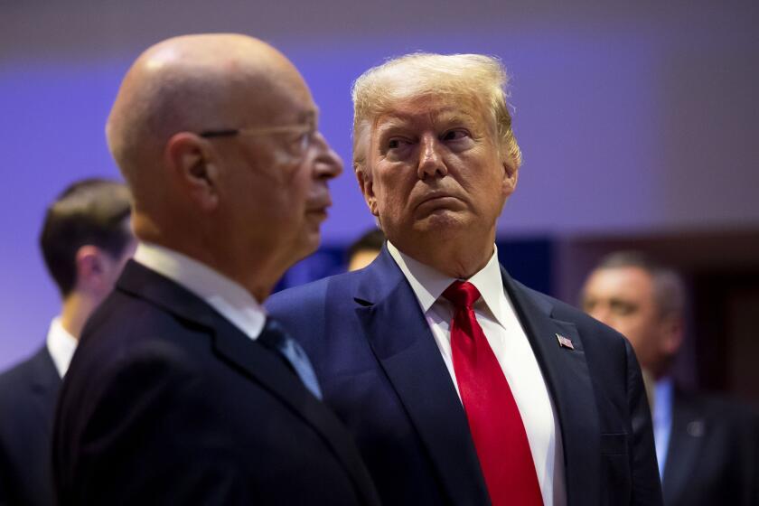 Mandatory Credit: Photo by GIAN EHRENZELLER/EPA-EFE/REX (10531605ci) US President Donald J. Trump (R) and German Klaus Schwab (L), Founder and Executive Chairman of the World Economic Forum, during the 50th annual meeting of the World Economic Forum (WEF) in Davos, Switzerland, 21 January 2020. The meeting brings together entrepreneurs, scientists, corporate and political leaders in Davos under the topic 'Stakeholders for a Cohesive and Sustainable World' from 21 to 24 January 2020. 50th annual meeting of the World Economic Forum in Davos, Switzerland - 21 Jan 2020 ** Usable by LA, CT and MoD ONLY **