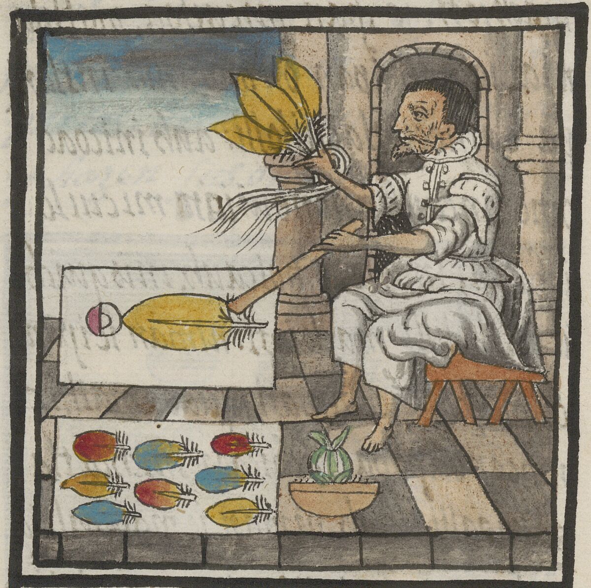 A detail from Book 9 of the Florentine Codex shows a feather worker preparing tropical bird feathers for a feather mosaic. The 16th century codex was created, in part, during a pandemic.