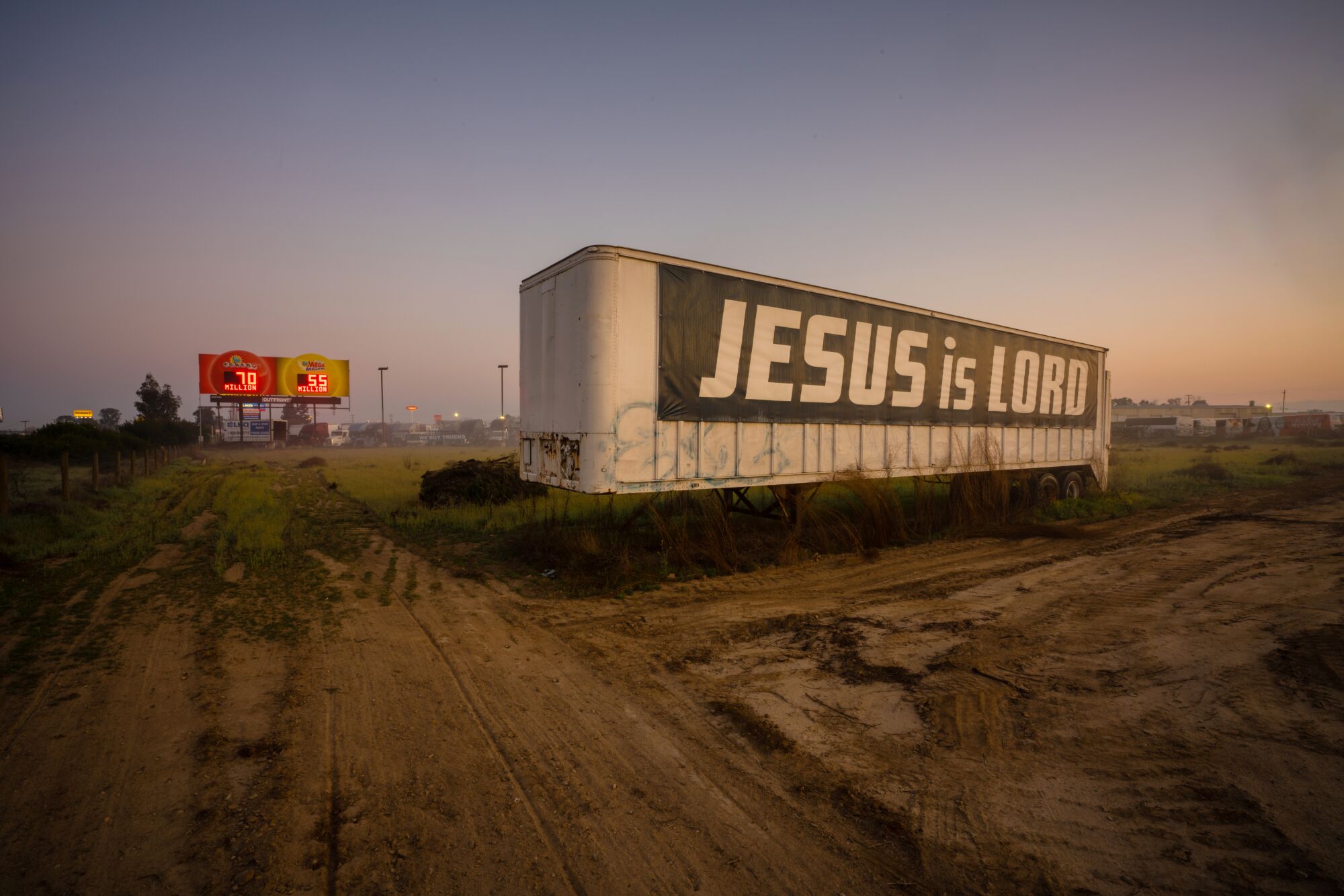 A trailer with a religious message just south of Fresno off of Highway 99.