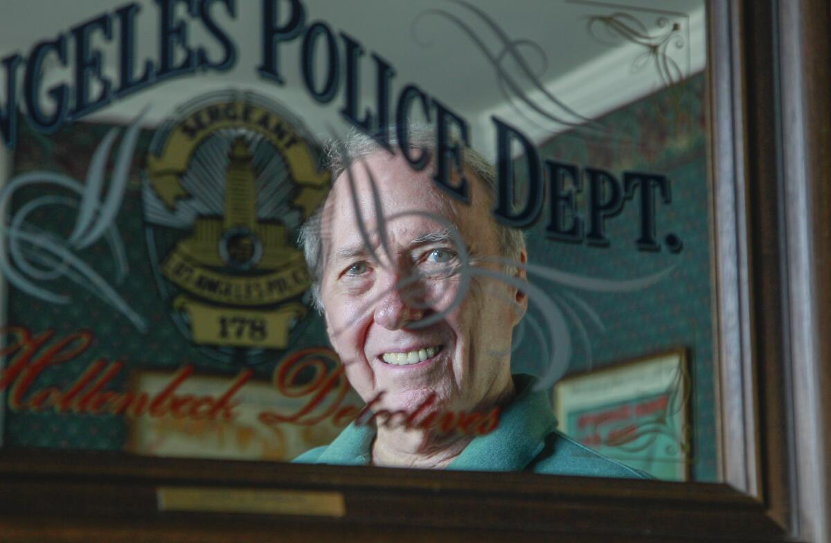 Joseph Wambaugh's home office is decorated with memorabilia from his days in the LAPD.