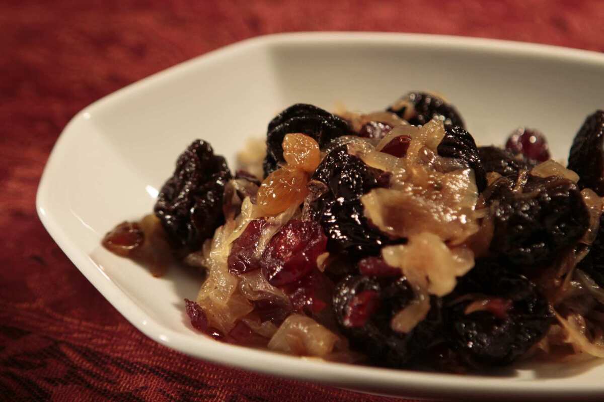 Dried fruit and almond garnish.