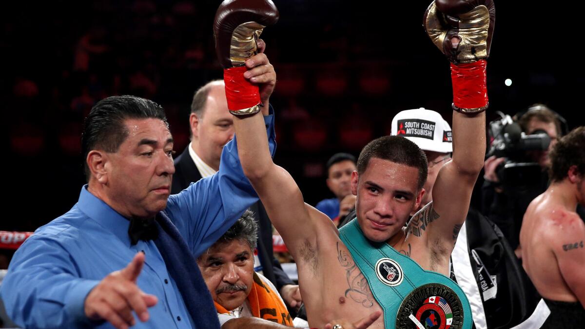 Oscar Valdez, shown celebrating a victory last year over Noel Echevarria, defeated Chris Avalos on Friday night in Las Vegas.