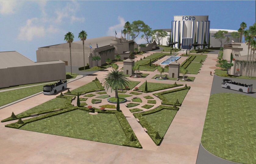 A project rendering, prepared by The Committee of 100 and presented to City Council members, shows both the North and South Palisades parking lots restored to parkland. Council members only signed off on the conversion of the southern lot. The fountain pictured in front of the old Ford Building (now the San Diego Air & Space Museum) is not yet funded.
