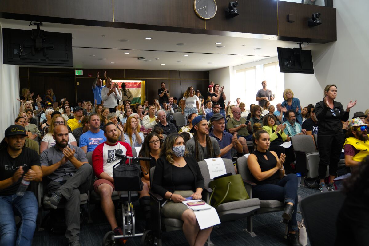 A crowd cheers a critic of the County Board of Supervisors' plan to declare misinformation a public health crisis