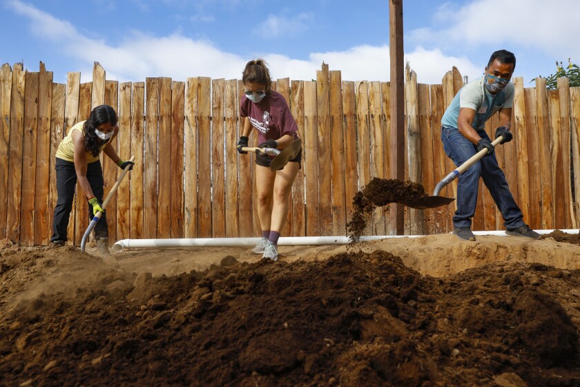 Mika Cochran, left, Claire Morris and Kai Vang dig a trench at Olivewood Gardens and Learning Center in National City.