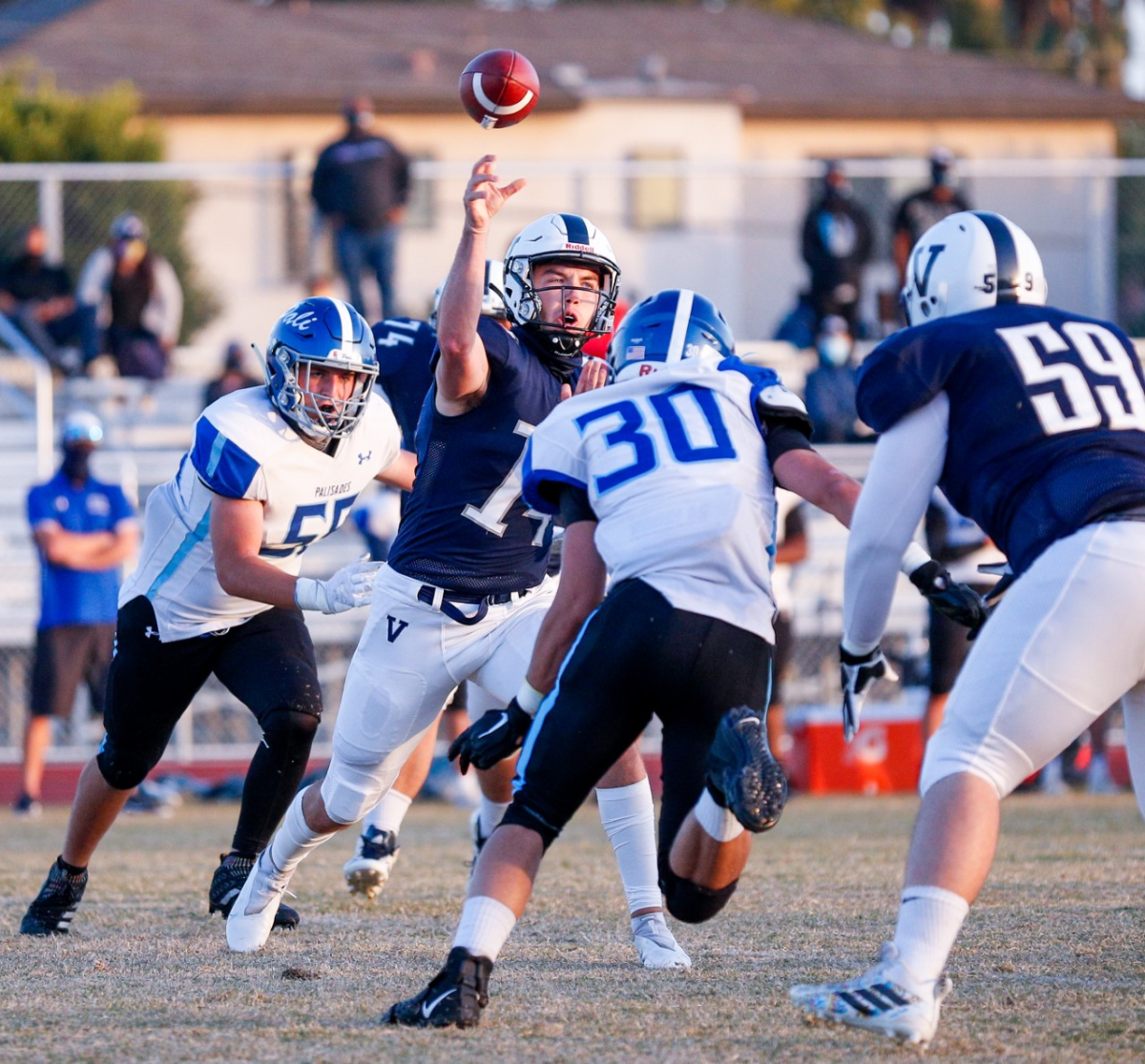 Venice quarterback Sam Vaulton throws a pass during the Gondoliers' 36-0 victory over Palisades.