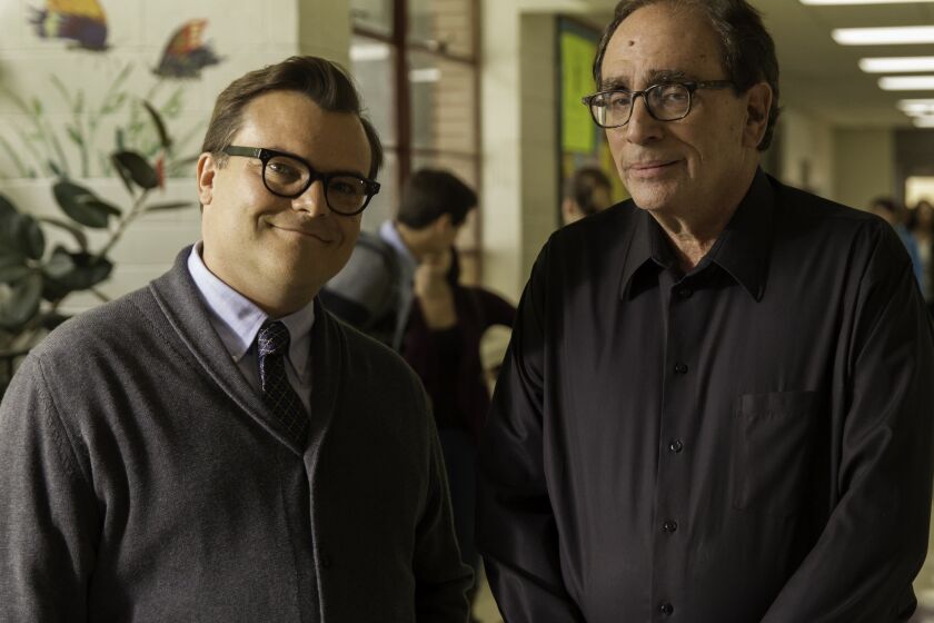 Jack Black, left, and R.L. Stine on the set of Columbia Pictures' movie "Goosebumps."