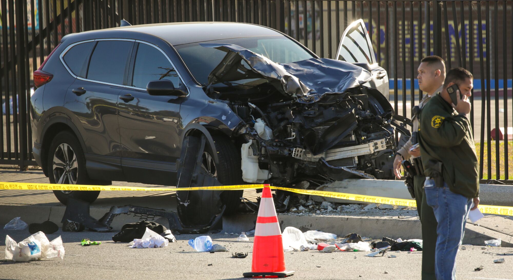 The crash scene, where Los Angeles County sheriff's cadets were injured when a driver plowed into them during a morning run 