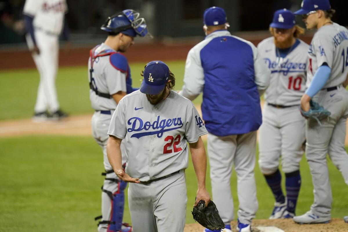 Dodgers starter Clayton Kershaw is pulled during the sixth inning of Game 4 of the NLCS.