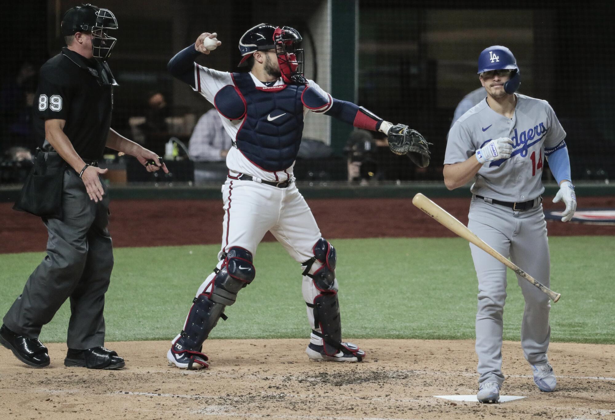 Dodgers second baseman Kiké Hernández reacts after striking out during the fourth inning.