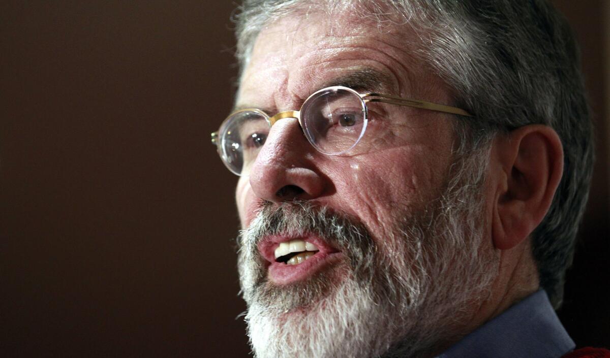 Sinn Fein President Gerry Adams speaks in Belfast, Northern Ireland, on Dec. 31, 2013. He was arrested Wednesday in the 1972 kidnapping and slaying of a Belfast widow by the Irish Republican Army.