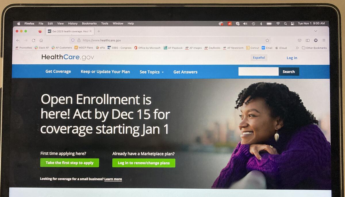 The healthcare.gov website is seen on Nov. 1, 2022 in Washington. Millions of Americans can begin selecting their 2023 health insurance plans on HealthCare.gov on Tuesday. Open enrollment begins, as the Biden administration pushes to keep the number of uninsured Americans at a record low. (AP Photo)