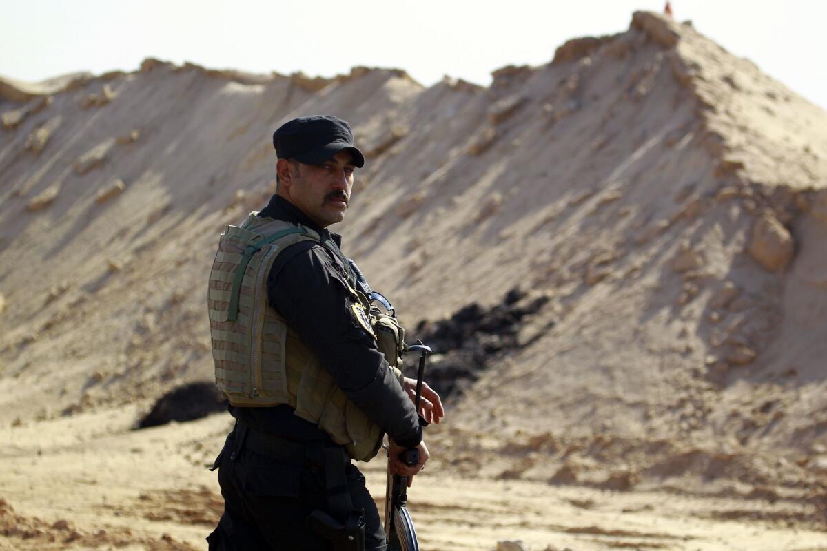 A member of Iraqi security forces patrols the Najaf governorate's border with the western province of Anbar.