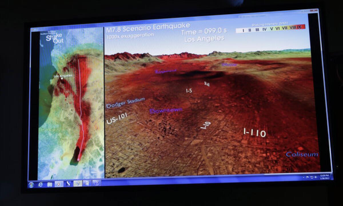A computer-generated graphic is displayed at news conference in Pasadena to announce legislation to create an earthquake early warning system for California, similar to those in Japan and elsewhere.