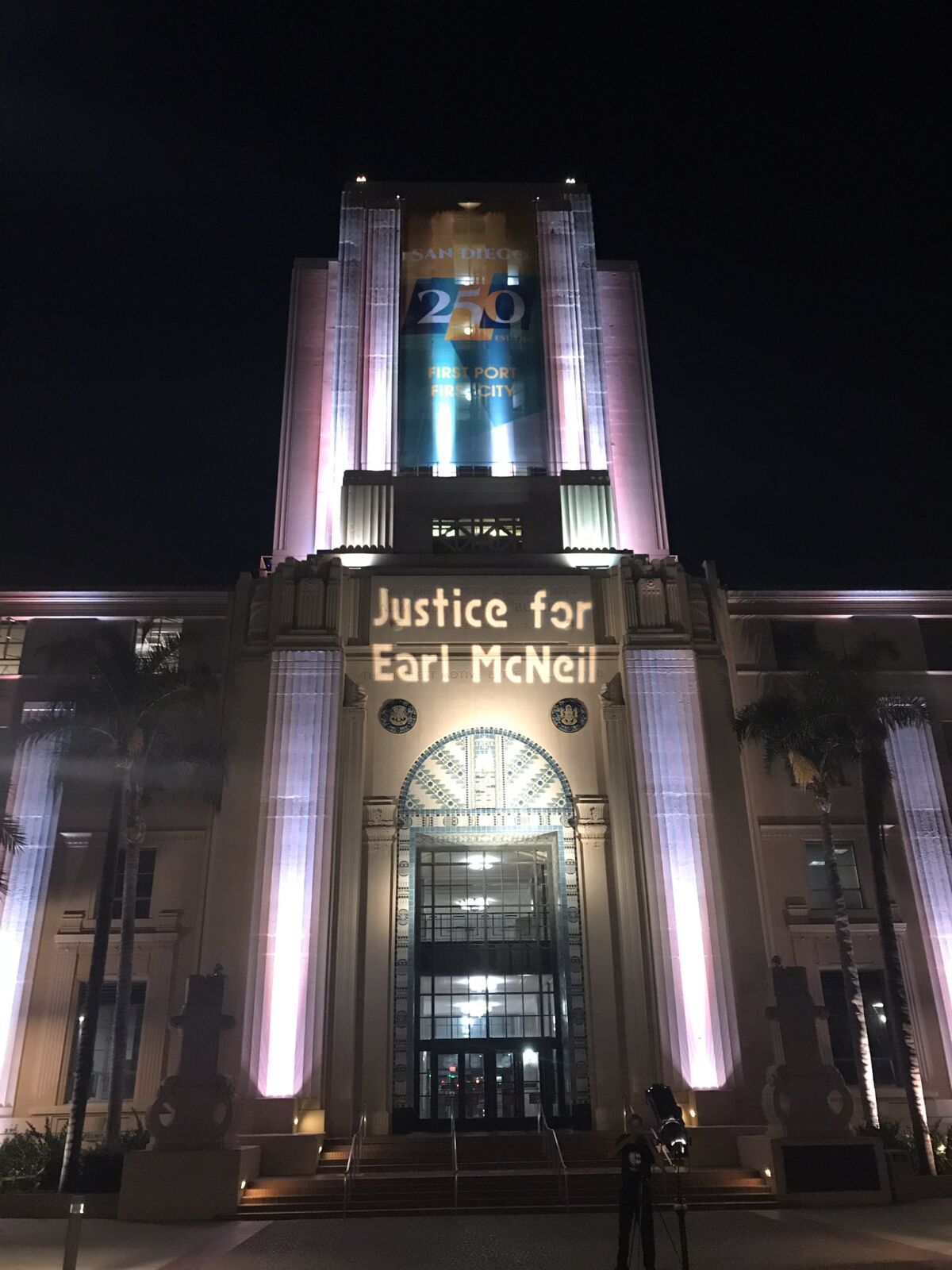 Activists projected "Justice for Earl McNeil" onto San Diego County Administration Center in Oct. 2019 while CLERB met inside
