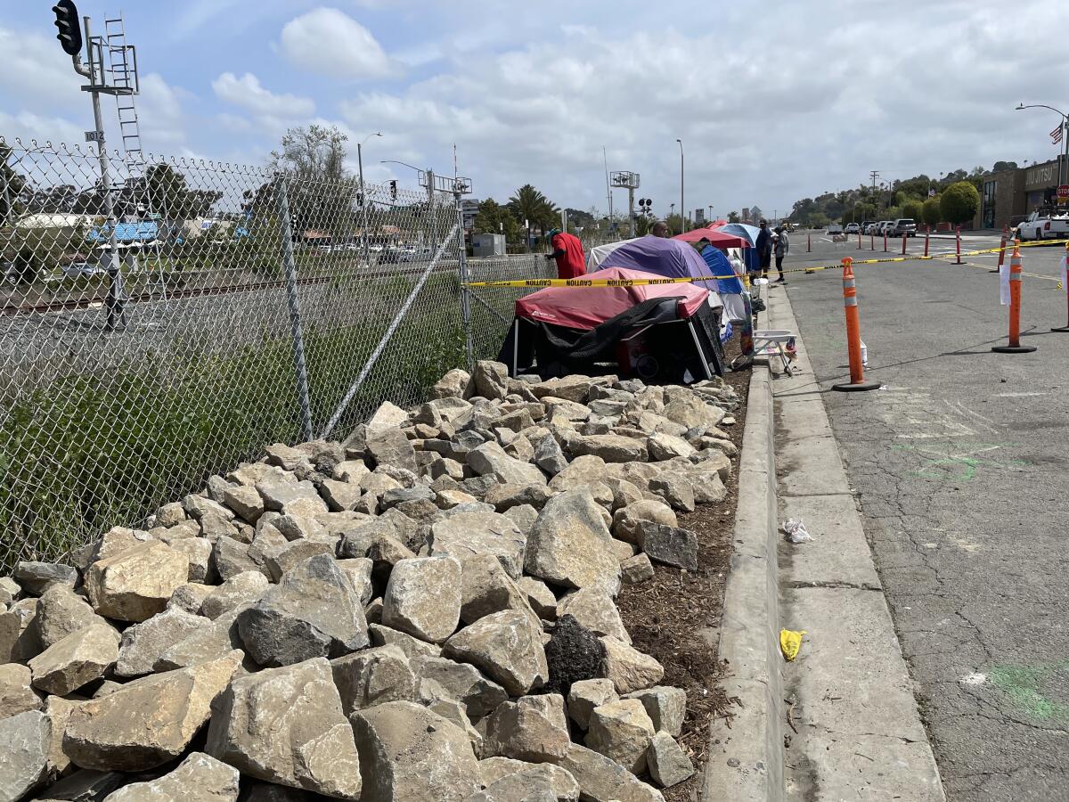 Large rocks alongside South Oceanside Boulevard were installed Wednesday.