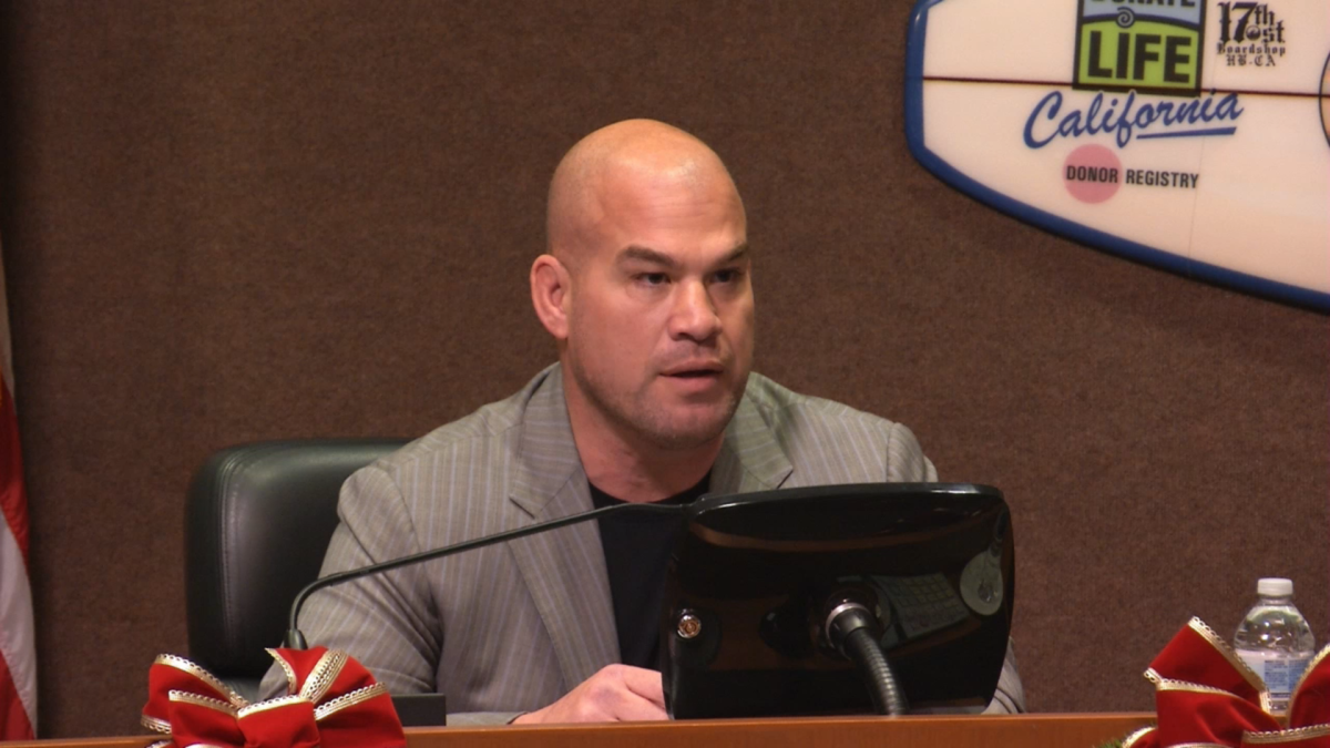 Huntington Beach Mayor Pro Tem Tito Ortiz addresses the City Council during Monday night's meeting.