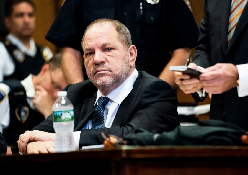 Former movie mogul Harvey Weinstein sits in a Manhattan courtroom in 2018, where he will stand trial on multiple counts of sexual assault.