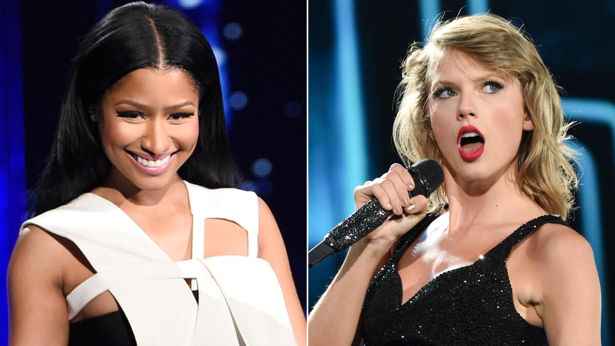 Taylor Swift, right, has apologized to Nicki Minaj for misunderstanding her epic MTV VMA rant.