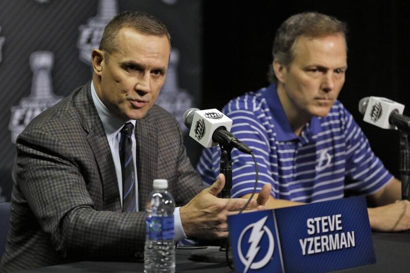 Tampa Bay General Manager Steve Yzerman and Lightning Coach Jon Cooper speak during media day Tuesday ahead of the Stanley Cup Final.