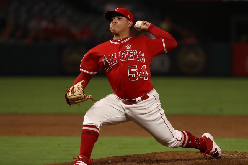 ANAHEIM, CALIFORNIA - SEPTEMBER 10: Pitcher Jose Suarez #54 of the Los Angeles Angels pitches in the second inning during an MLB game against the Cleveland Indians at Angel Stadium of Anaheim on September 10, 2019 in Anaheim, California. (Photo by Victor Decolongon/Getty Images) ** OUTS - ELSENT, FPG, CM - OUTS * NM, PH, VA if sourced by CT, LA or MoD **