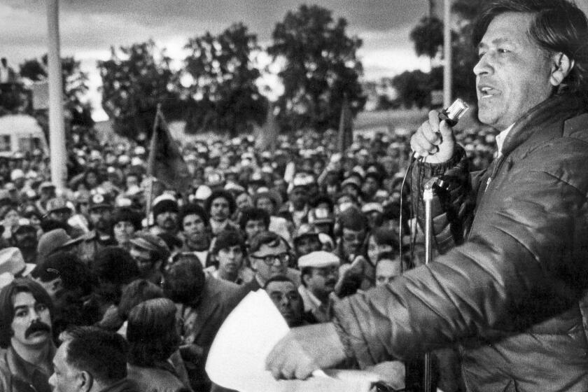 Feb. 2, 1979: Cesar Chavez speaks to members of the United Farm Workers during a rally in the Imperial Valley. The UFW was striking lettuce growers. During the bitter strike, one UFW striker, Rufino Contreras, was killed.