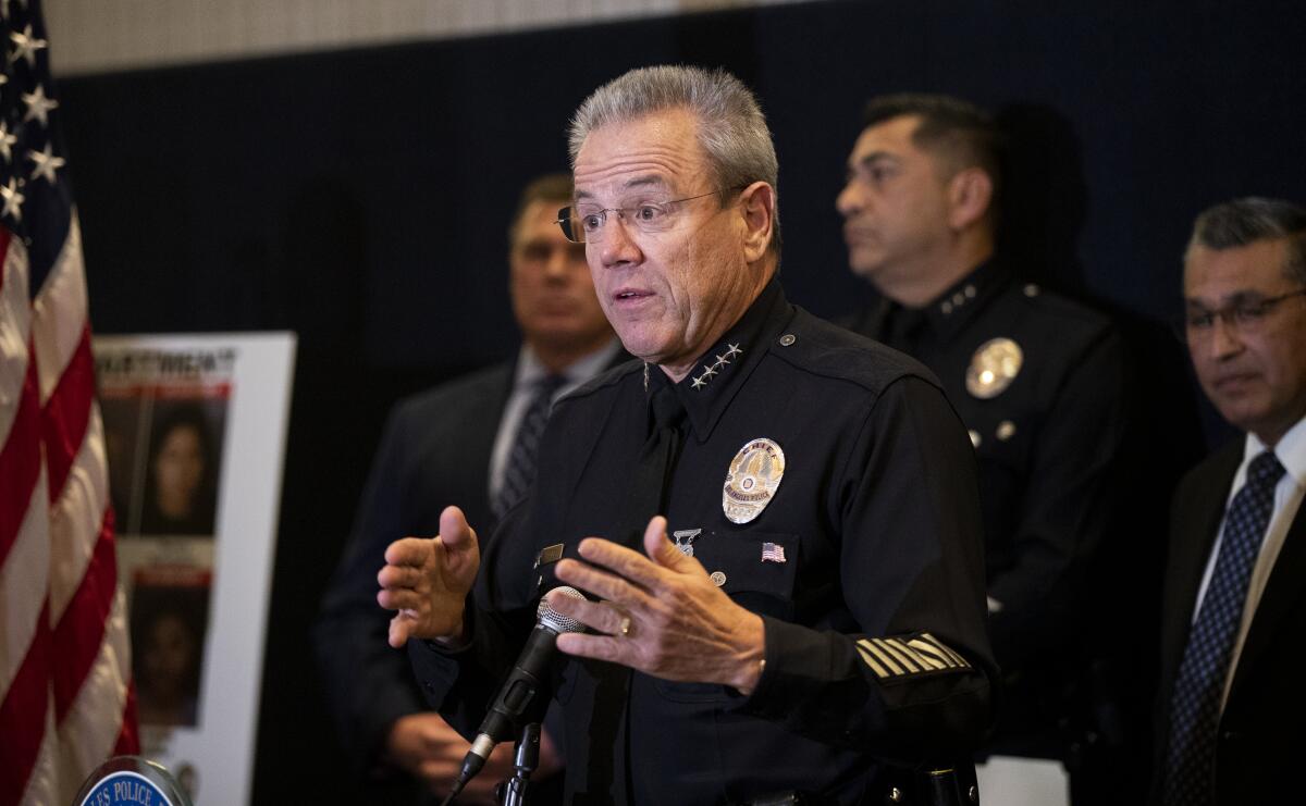 LAPD Chief Michel Moore speaks at a news conference in November.