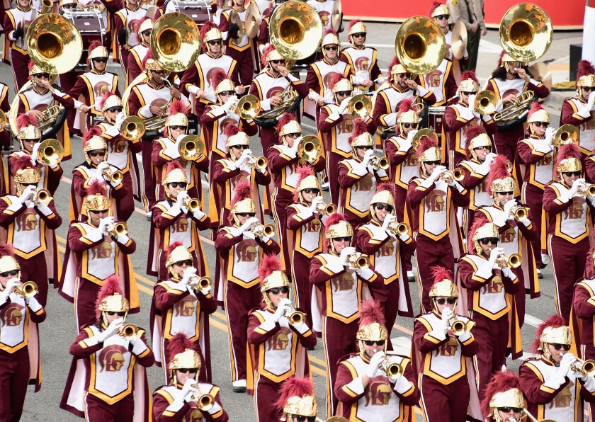 The USC marching band participates in the Rose Parade on Jan. 2, 2017.