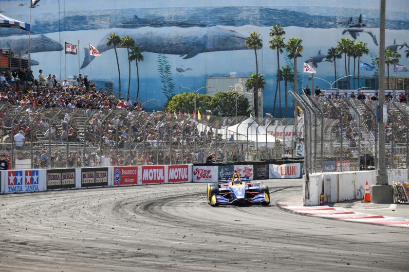 IndyCar driver Alexander Rossi races on the streets of Long Beach during the 2019 Acura Grand Prix.