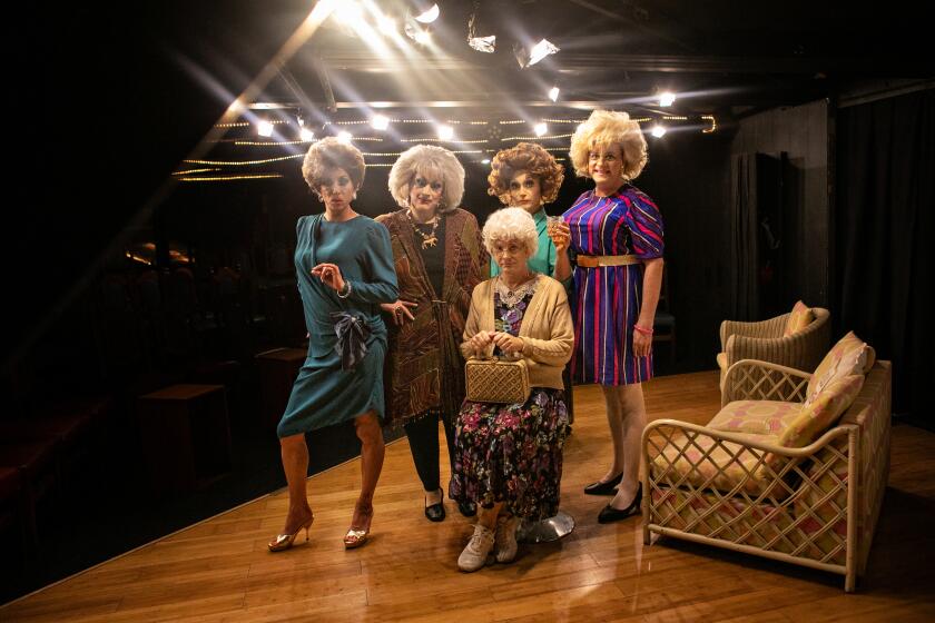 LOS ANGELES, CA - JANUARY 15: Golden Girlz Live drag show returns to the Cavern Club for a one week run in honor of Betty White starring (from left) Sherry Vine (She/Her) as Blanche Devereaux, Jackie Beat (She/Her) as Dorothy Zbornak, special guest Ben DeLaCreme (He/Him), Drew Droege (He/Him) as Rose Nylund, and Sam Pancake (He/Him) as Sophia Petrillo on Saturday, Jan. 15, 2022 in Los Angeles, CA. (Jason Armond / Los Angeles Times)