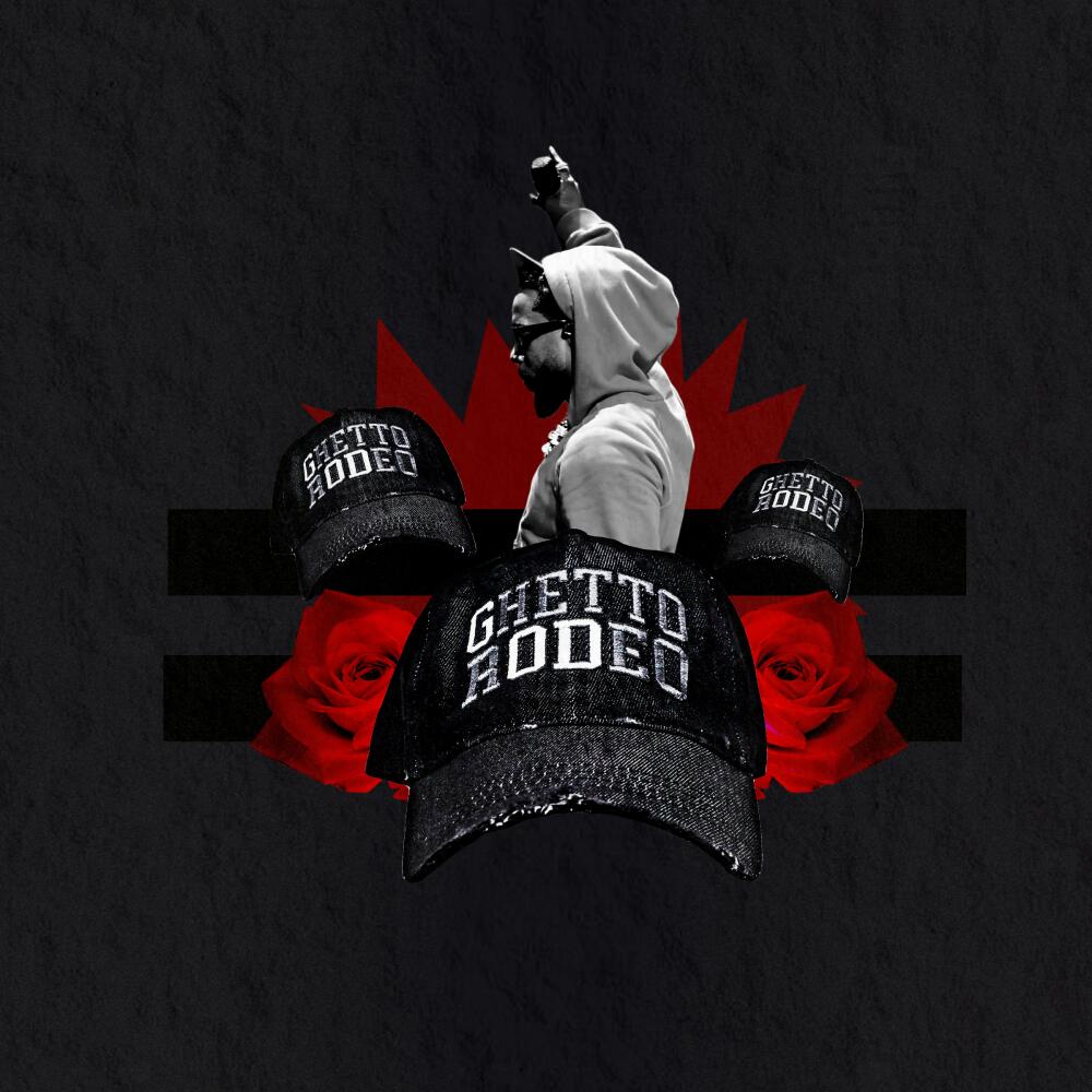 A photo illustration showing Kendrick Lamar raising a microphone with black Ghetto Rodeo baseball caps and red flowers