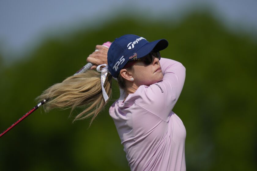 Paula Creamer tees off the third hole during the first round of the LPGA Cognizant Founders Cup golf tournament, Thursday, May 11, 2023, in Clifton, N.J. (AP Photo/Seth Wenig)