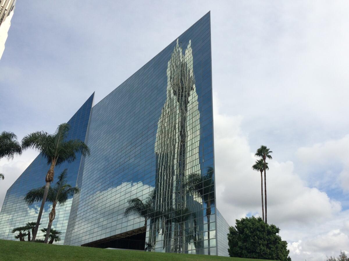 A view of the Philip Johnson-designed portion of the Crystal Cathedral (now Christ Cathedral) in Garden Grove. The early mega-church is part of a wild architectural campus in the heart of the O.C. — and a SoCal design must-see.