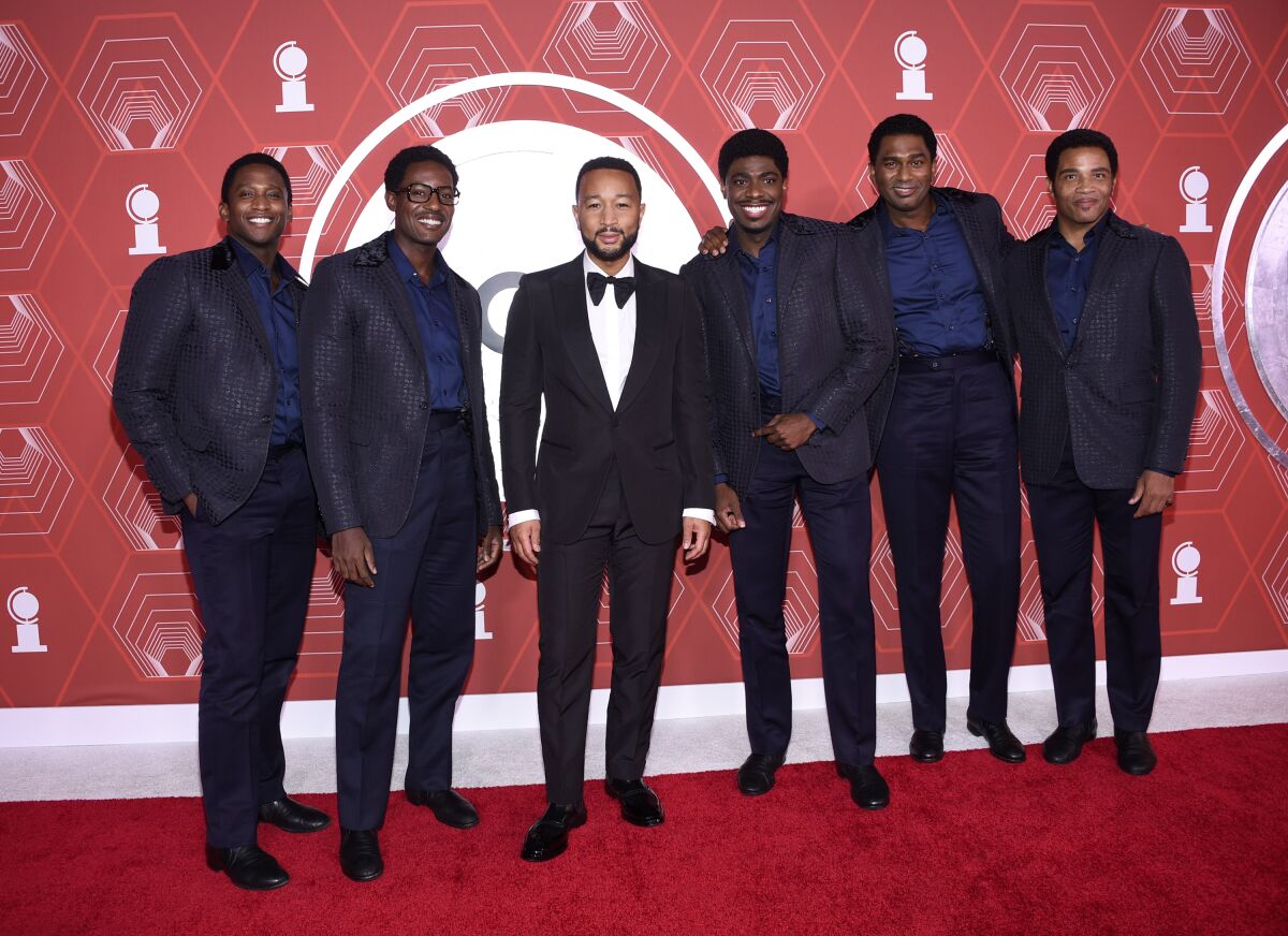 Jelani Remy, from left, Matt Manuel, John Legend, Jawan M. Jackson, Nik Walker and James Harkness arrive at the 74th annual Tony Awards at Winter Garden Theatre on Sunday, Sept. 26, 2021, in New York. (Photo by Evan Agostini/Invision/AP)