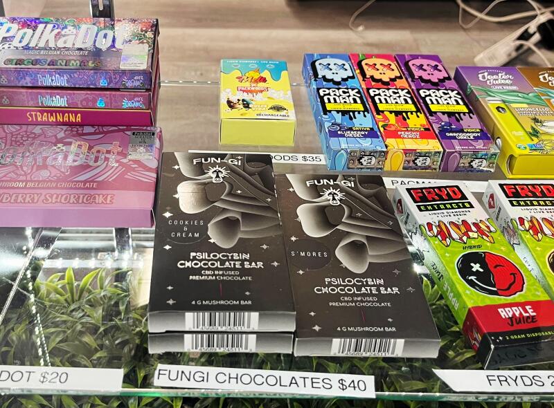 A wide array of mushroom products is available for purchase at a smoke shop in Long Beach.