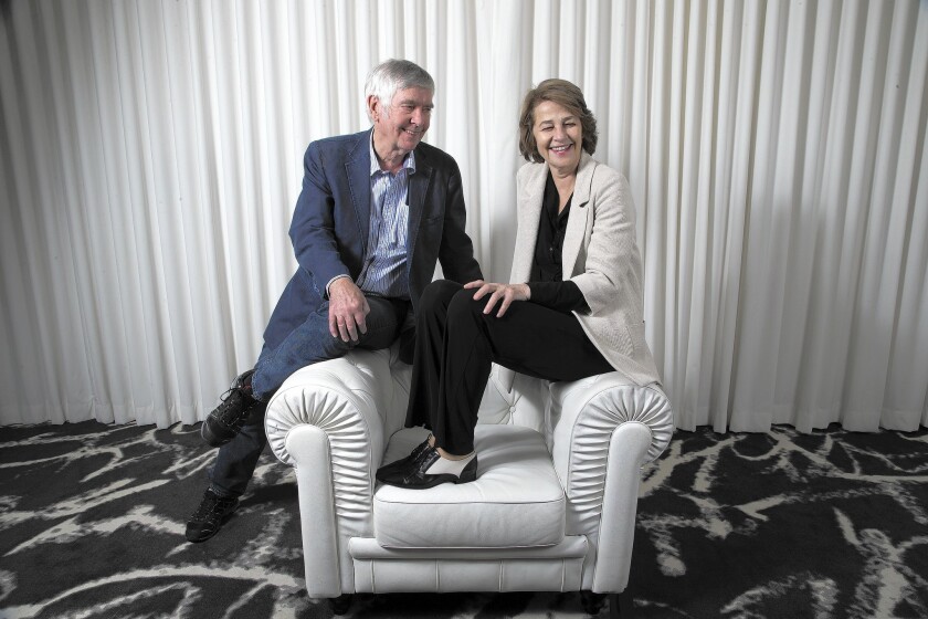British actors Tom Courtenay and Charlotte Rampling at the SLS Hotel in Los Angeles on Nov. 12, 2015.