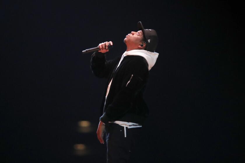 ANAHEIM, CALIF. --FRIDAY, OCT. 27, 2017: Jay-Z performs in concert at the Honda Center in Anaheim; the first show of his tour behind this year's acclaimed "4:44" album Friday, Oct. 27, 2017. (Allen J. Schaben / Los Angeles Times)