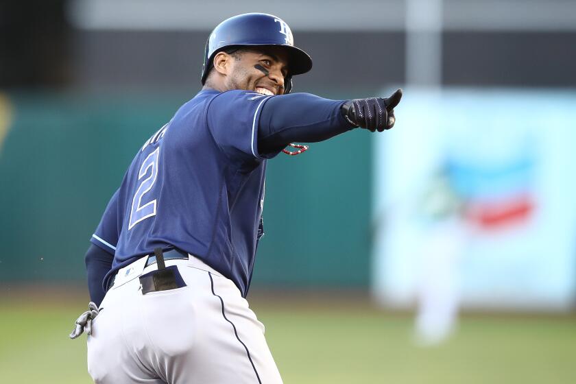 OAKLAND, CALIFORNIA - OCTOBER 02: Yandy Diaz #2 of the Tampa Bay Rays celebrates his solo home run off Sean Manaea #55 of the Oakland Athletics in the third inning of the American League Wild Card Game at RingCentral Coliseum on October 02, 2019 in Oakland, California. (Photo by Ezra Shaw/Getty Images) ** OUTS - ELSENT, FPG, CM - OUTS * NM, PH, VA if sourced by CT, LA or MoD **