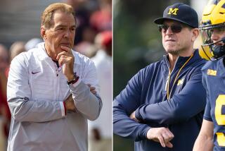 Alabama coach Nick Saban, left, and Michigan coach Jim Harbaugh side by side.