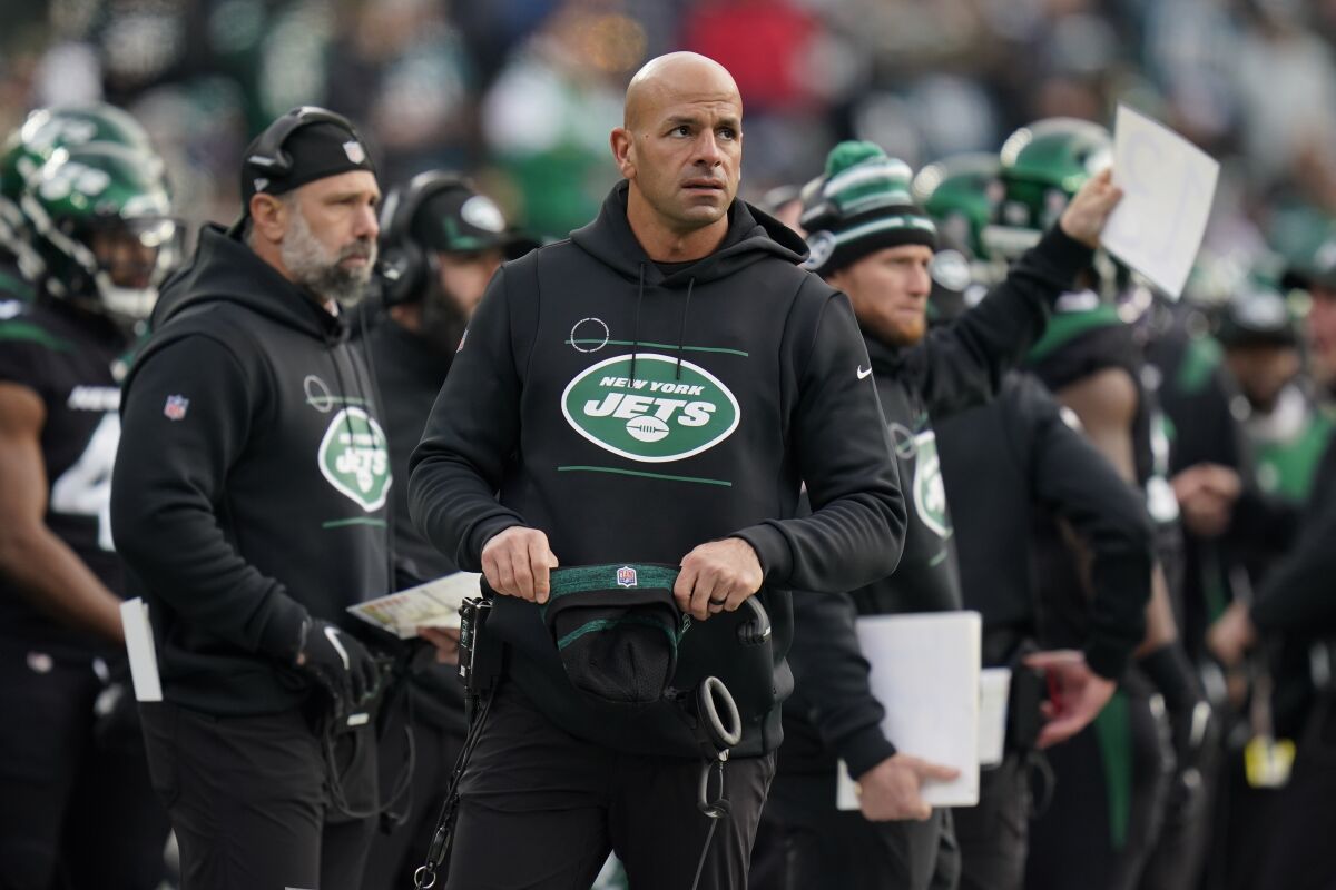 New York Jets head coach Robert Saleh works the sidelines during the second half of an NFL football game against the Philadelphia Eagles, Sunday, Dec. 5, 2021, in East Rutherford, N.J. (AP Photo/Seth Wenig)