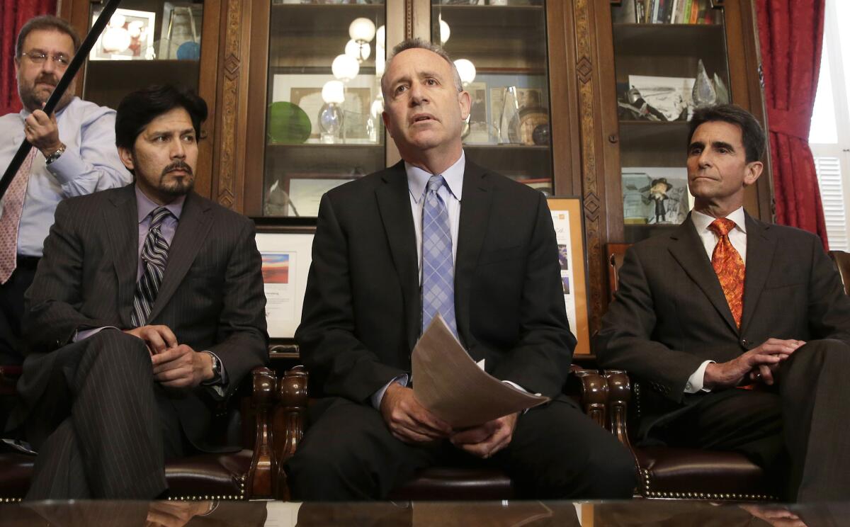 Campaign committees for possible runs for lieutenant governor in 2018 have been opened by seven legislators including, pictured in 2014 from left to right, state Senate President Pro Tem Kevin de Leon (D-Los Angeles), former Senate leader Darrell Steinberg (D-Sacramento) and Sen. Mark Leno (D-San Francisco).