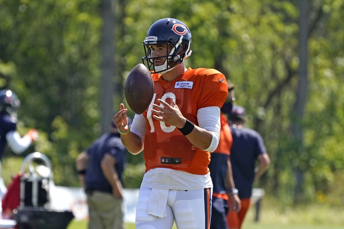 Chicago Bears quarterback Mitchell Trubisky looks on during practice.