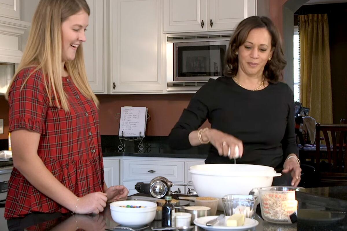 Kamala Harris cracks an egg with one hand in her 2019 series "Cooking with Kamala."