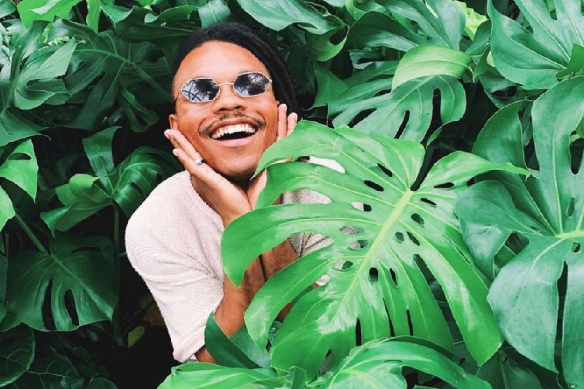 A smiling person wearing sunglasses and surrounded by monstera plant leaves.