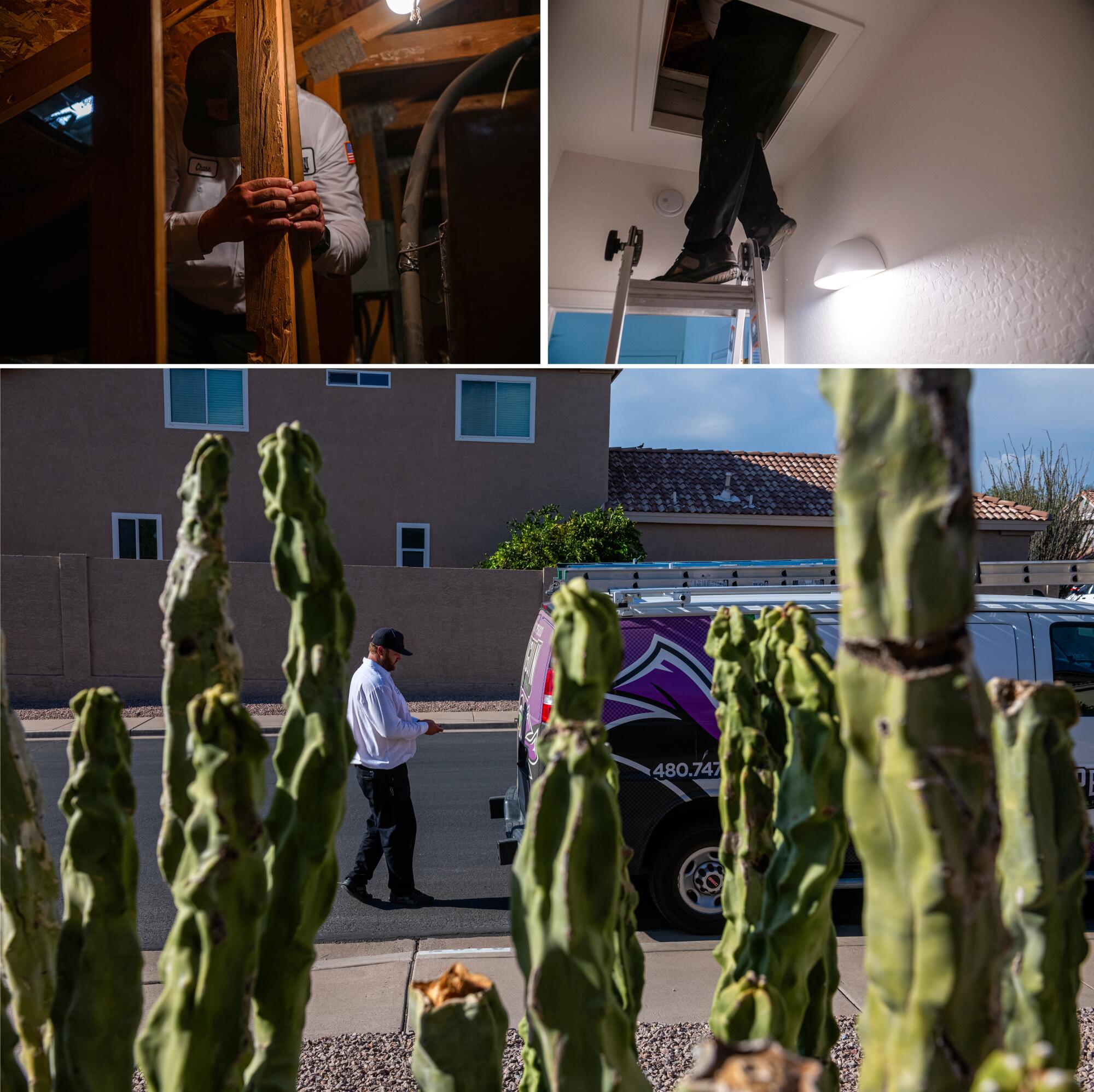 Clockwise from top left, a man climbing up a ladder, a man going through an attic opening and a man outside a home 