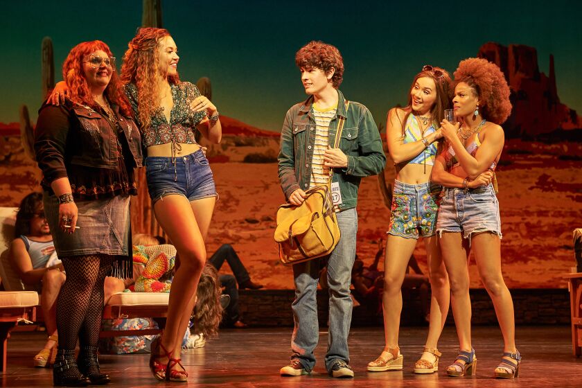 (from left) Katie Ladner as Sapphire, Solea Pfeiffer as Penny Lane, Casey Likes as William Miller, Julia Cassandra as Estrella, and Storm Lever as Polexia. Almost Famous, a world-premiere musical with book and lyrics by Cameron Crowe, based on the Paramount Pictures and Columbia Pictures motion picture written by Cameron Crowe, directed by Jeremy Herrin, with original music and lyrics by Tom Kitt, runs September 13 Ð October 27, 2019 at The Old Globe. Photo by Neal Preston.
