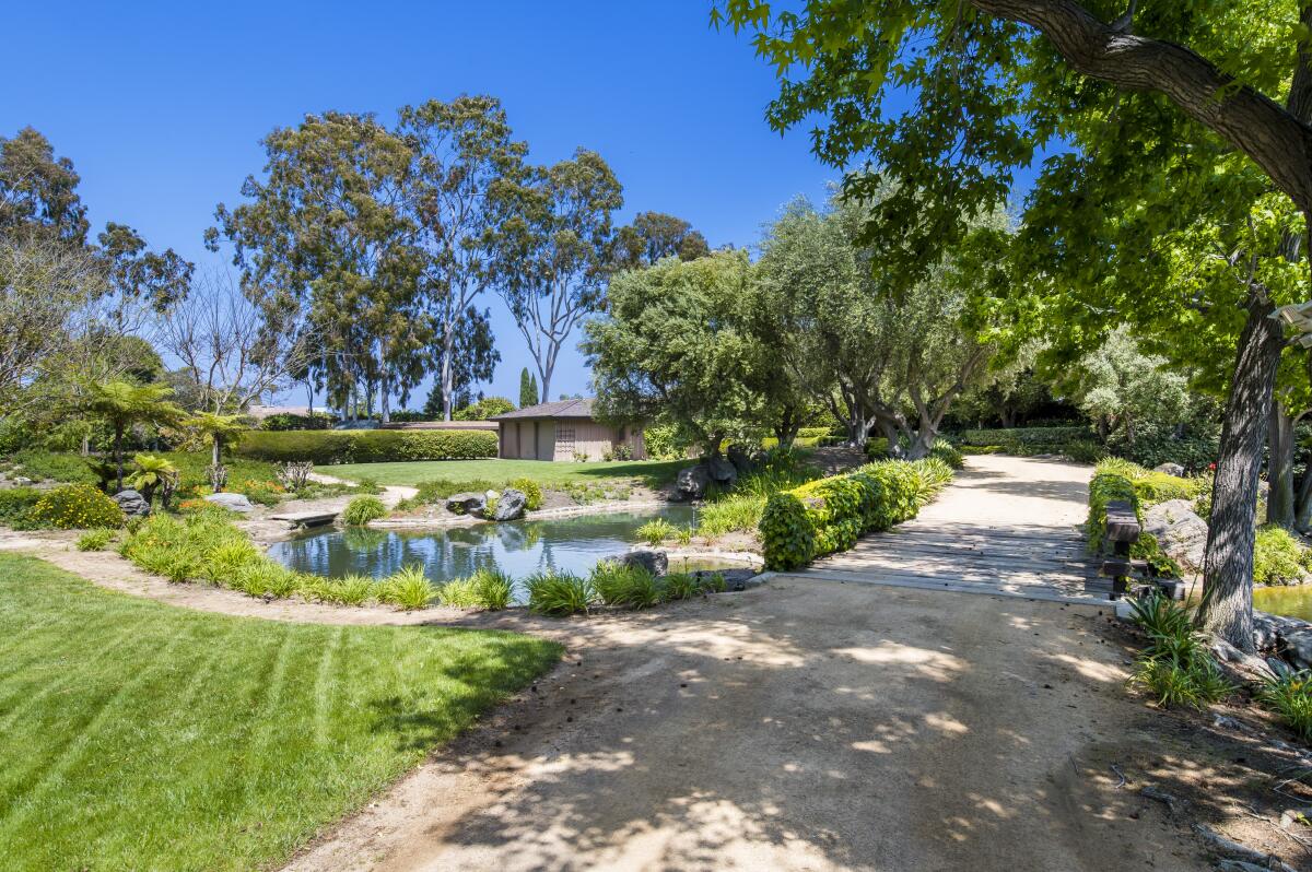 An exterior view of the gardens in the 2.7-acre property.