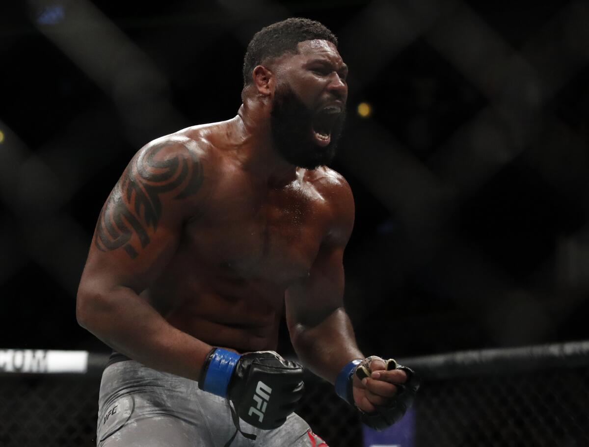 Curtis Blaydes celebrates a win over Alistair Overeem during UFC 225 on June 9, 2018, in Chicago.
