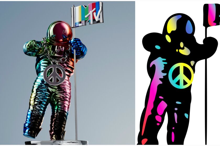 The Jeremy Scott redesigned MTV Moonman statuette, at left, was revealed Aug. 17. An emoji version, at right, was announced Aug. 24. It will appear whenever fans include the hashtag #VMA or #VMAs in a Twitter post.
