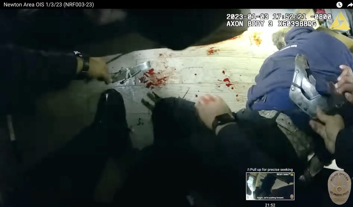 LAPD body cam video shows Oscar Leon Sanchez on the ground after being fatally shot by LAPD officers on Jan. 3.